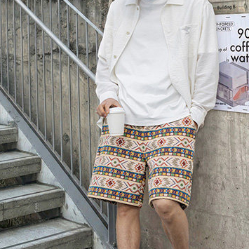 納瓦霍針織提花短褲夏威夷民族度假風沙灘撞色五分中褲夏