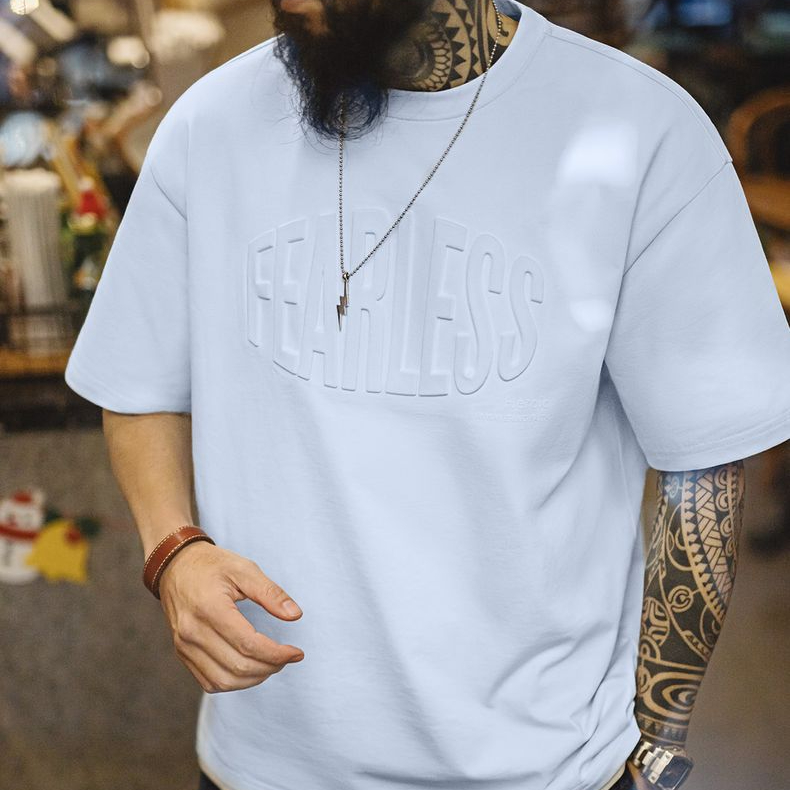 美式休閒3D印花純棉鋼印T恤淡藍透氣寬鬆高街短袖男春夏