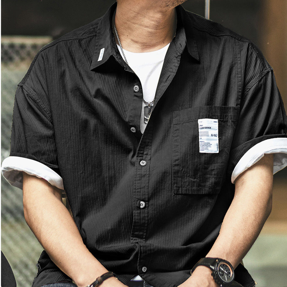 美式黑色短袖襯衫男夏季薄款寬松純棉休閑上衣痞帥疊穿工裝襯衣男