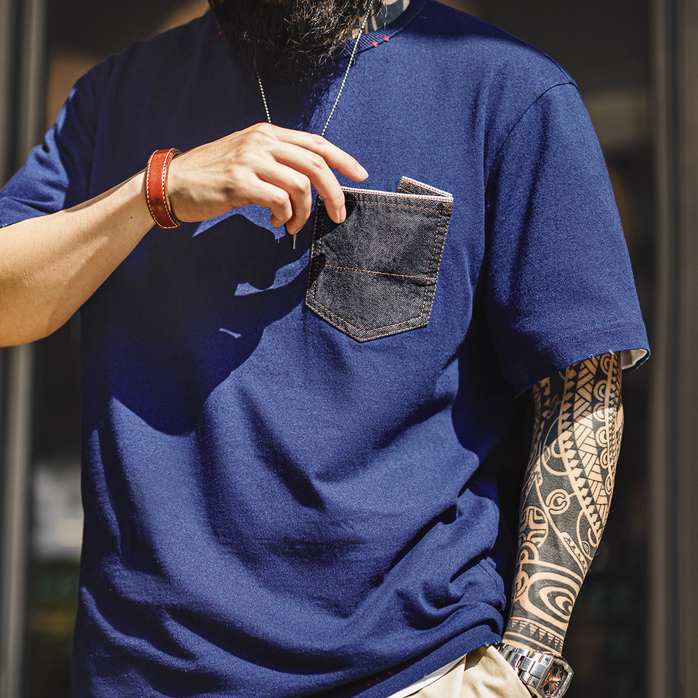 美式復古植物藍染T恤日系重磅純棉二本鍼口袋短袖男款夏