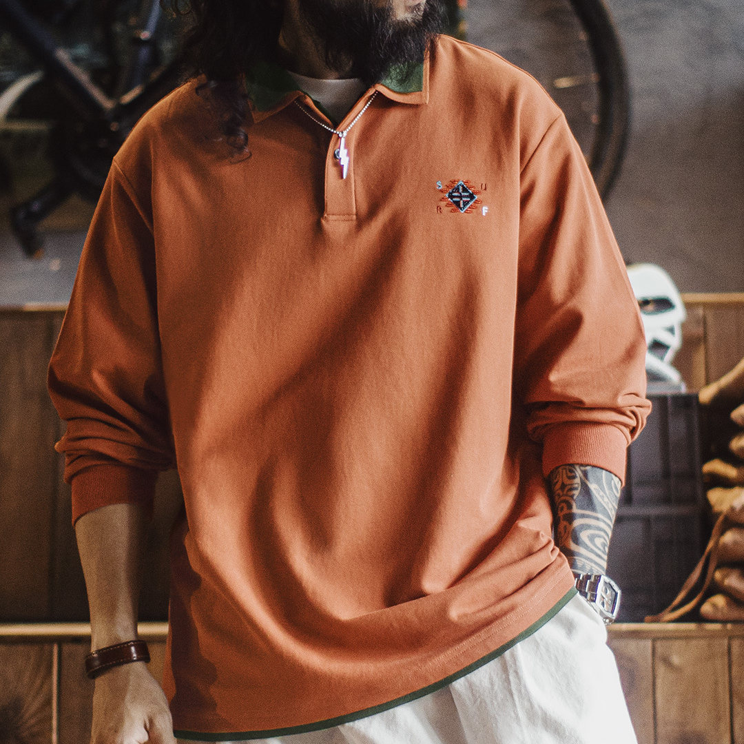 美式復古納瓦霍polo領衛衣假兩件長袖橘色針織polo衫男秋