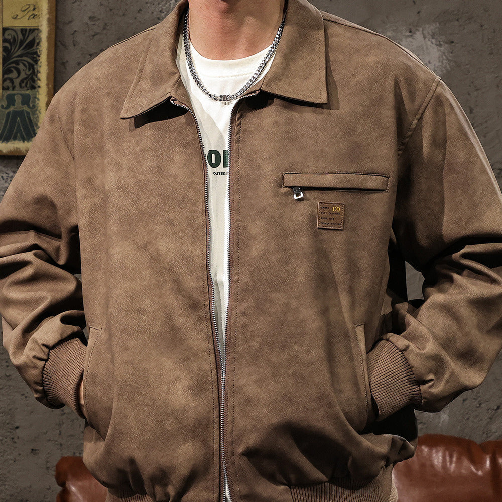 PU皮美拉德色系機車皮衣外套男士潮牌寬松美式復古做舊夾克