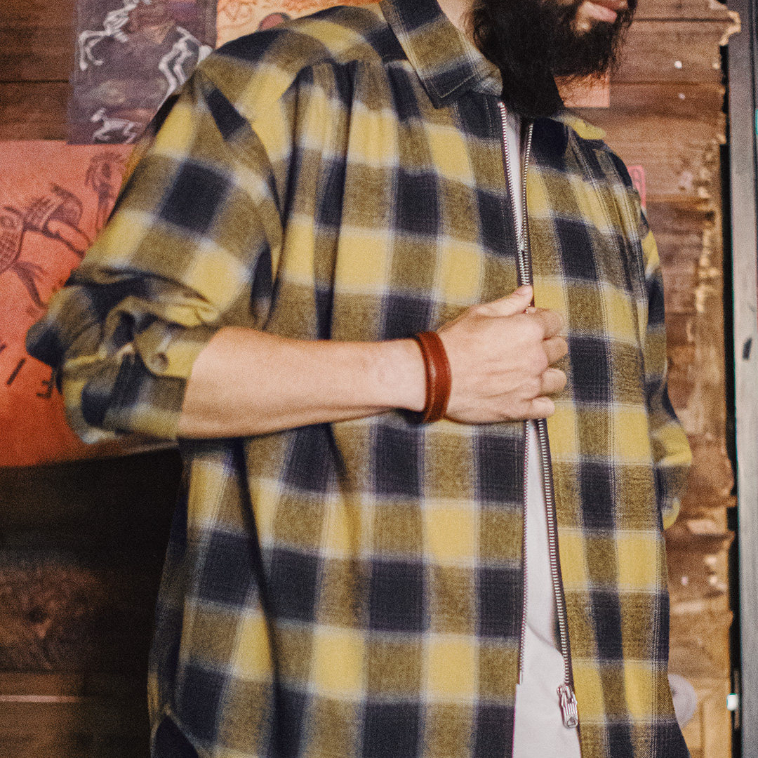 美式復古格子拉鍊襯衫翻領格紋純棉外套開衫長袖襯衣男春