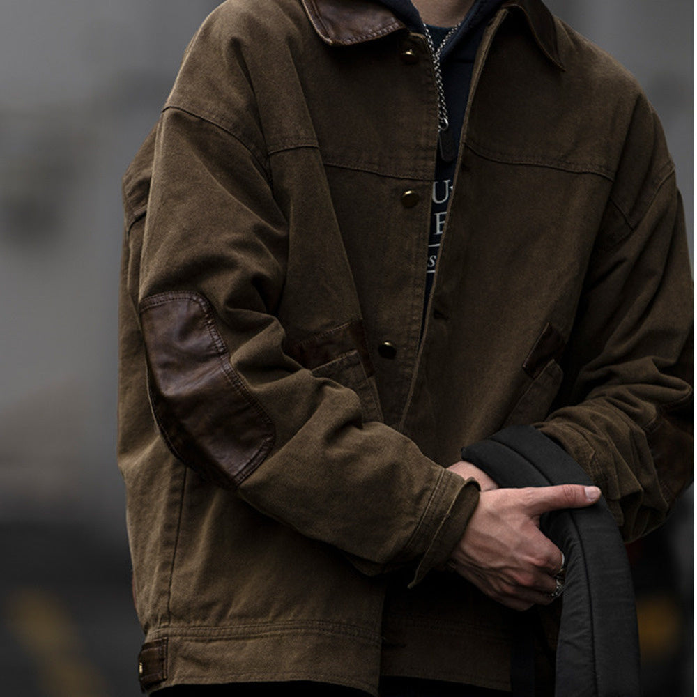 復古水洗做舊拼接PU皮外套男春秋新款寬松翻領工裝夾克上衣潮