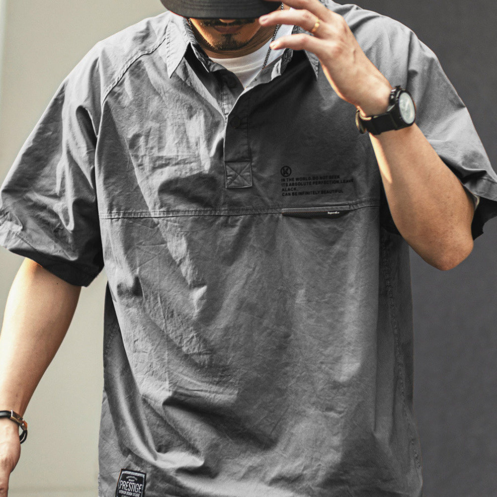 夏季純棉工裝襯衫男Polo衫寬松襯衣男士美式休閑復古短袖t恤