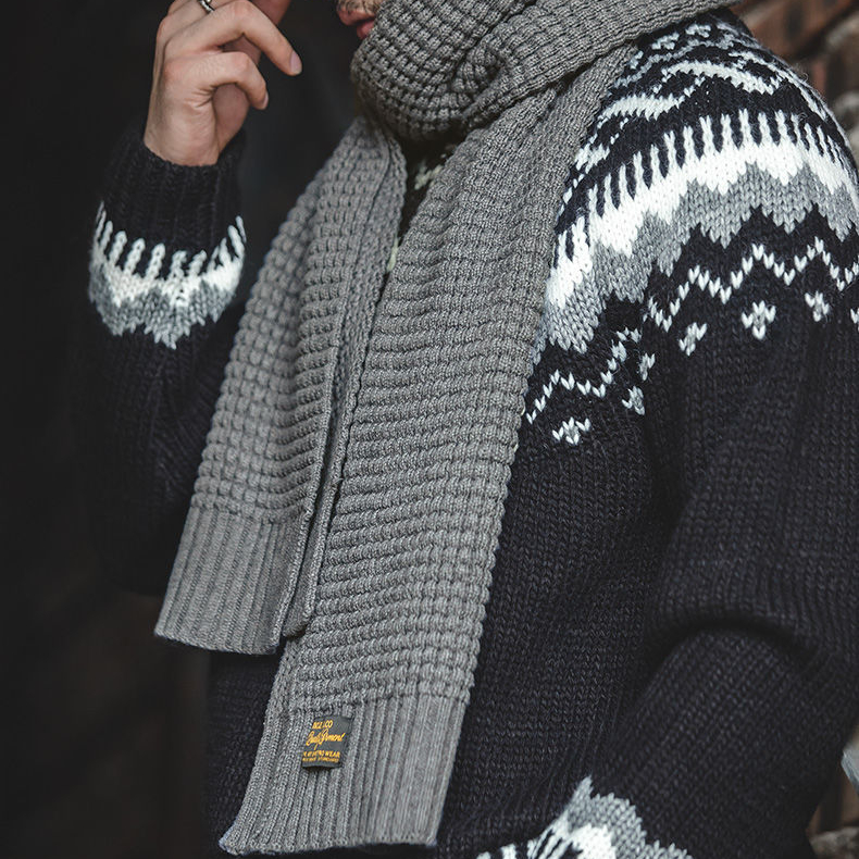 美式復古淺灰針織毛線圍巾秋冬含羊毛純色保暖圍脖男潮