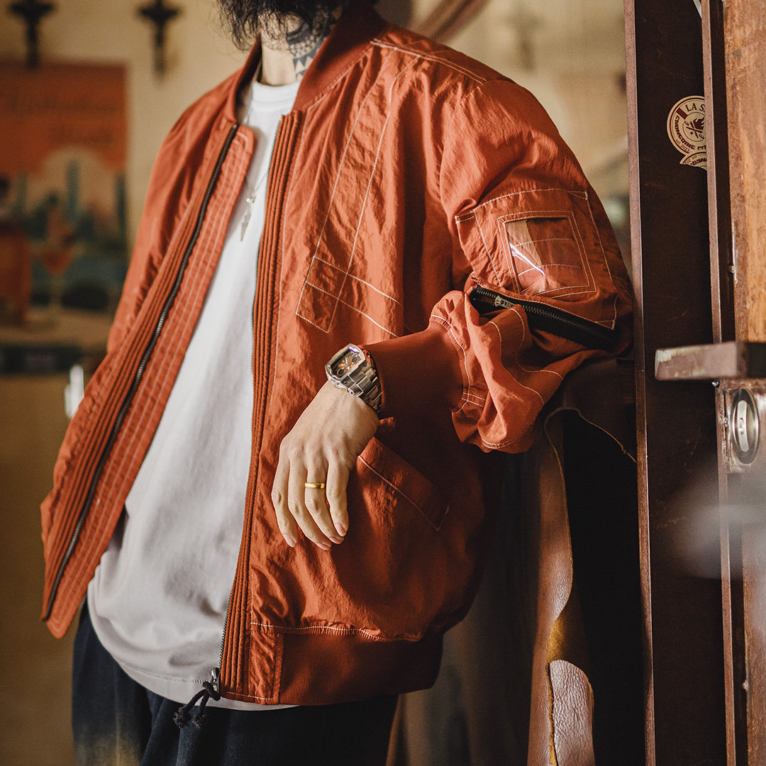 美式明線轟炸機夾克bomber飛行員外套薄款紅色棒球服男春