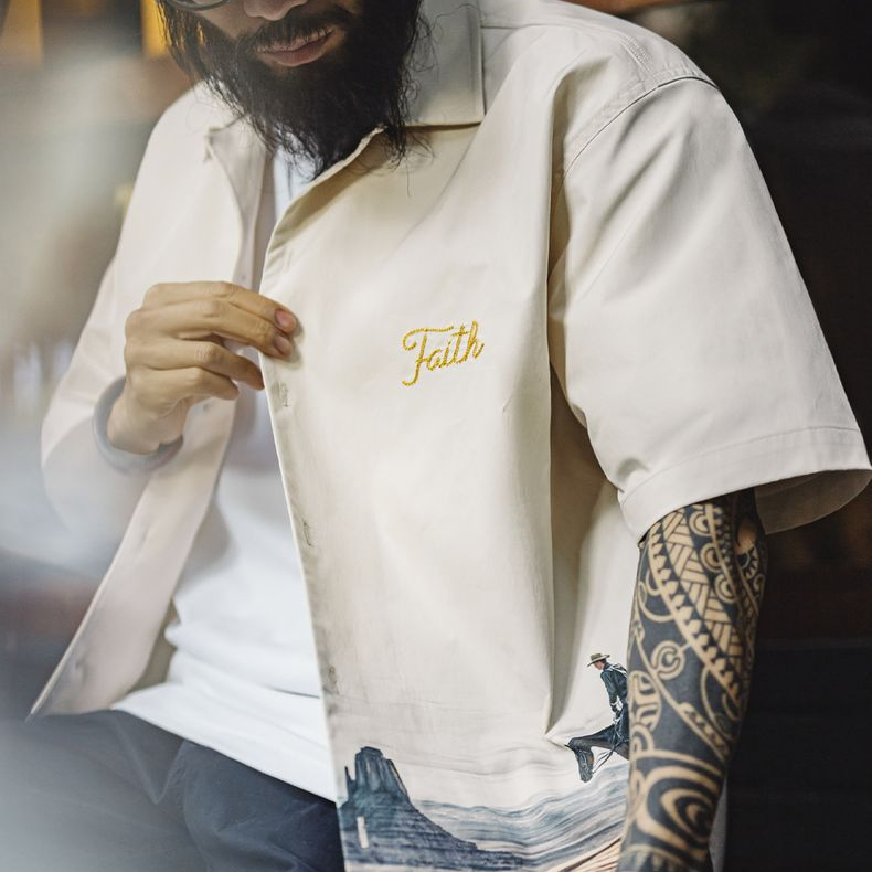 美式復古紀念碑谷古巴領襯衫短袖印花vintage襯衣男春夏