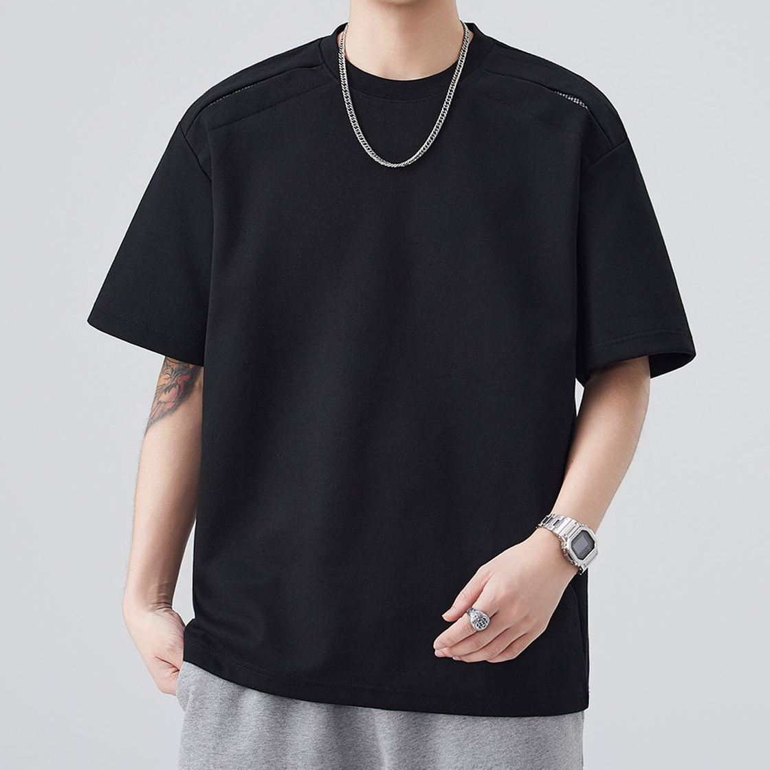 重磅270g拼接明線裝飾T恤男夏季圓領格紋微闊潮流通勤短袖