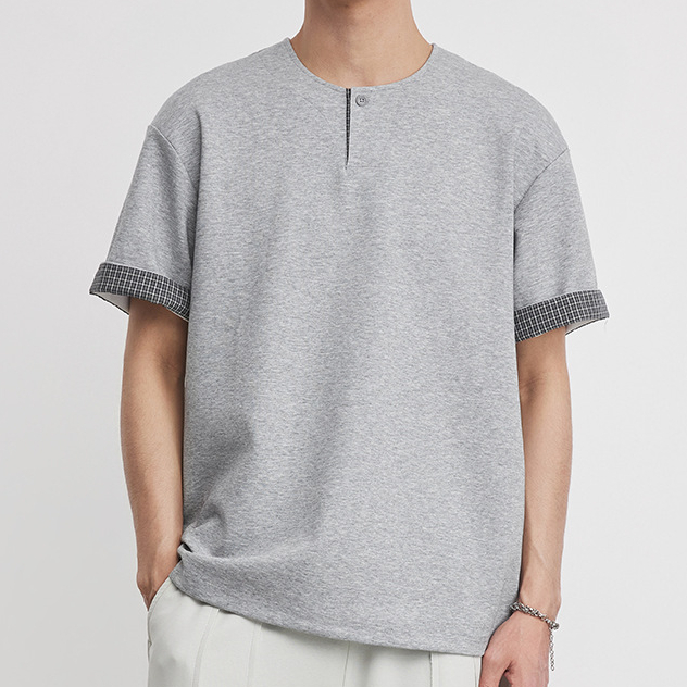 重磅260g格紋拼接小V領T恤男夏季亨利領寬鬆休閒街頭通勤短袖