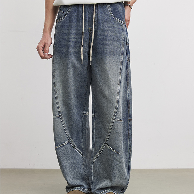 立體裁剪抽繩牛仔彎刀褲男2026年春季新款牛仔褲舒適傘兵長褲