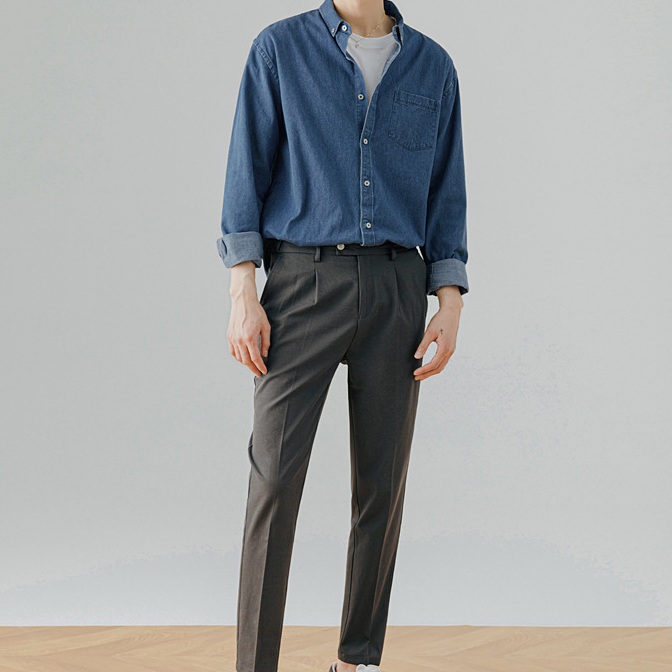 牛仔長袖襯衫男青年春秋韓版潮流休閒純色工裝襯衣外套男