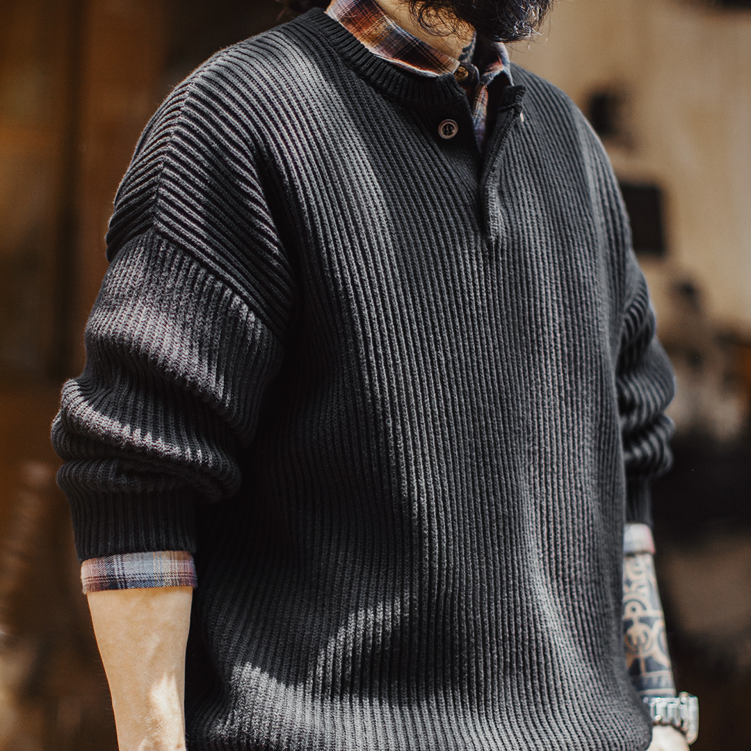 美式重磅亨利領毛衣黑色外穿高克重垂感通勤套頭寬鬆男冬