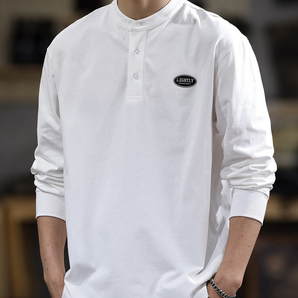 高端美式潮牌ins亨利領休閑男士長袖t恤寬松大碼百搭春季純棉衛衣