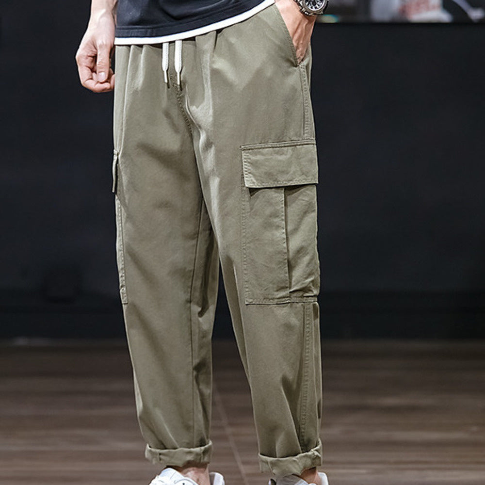 秋季工裝褲男士休閑褲寬松垂感錐形褲闊腿松緊腰長褲男裝純色褲子