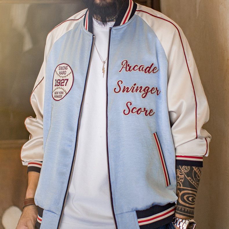 美式復古刺繡橫須賀棒球服夾克拼接痞帥緞面外套短款男秋