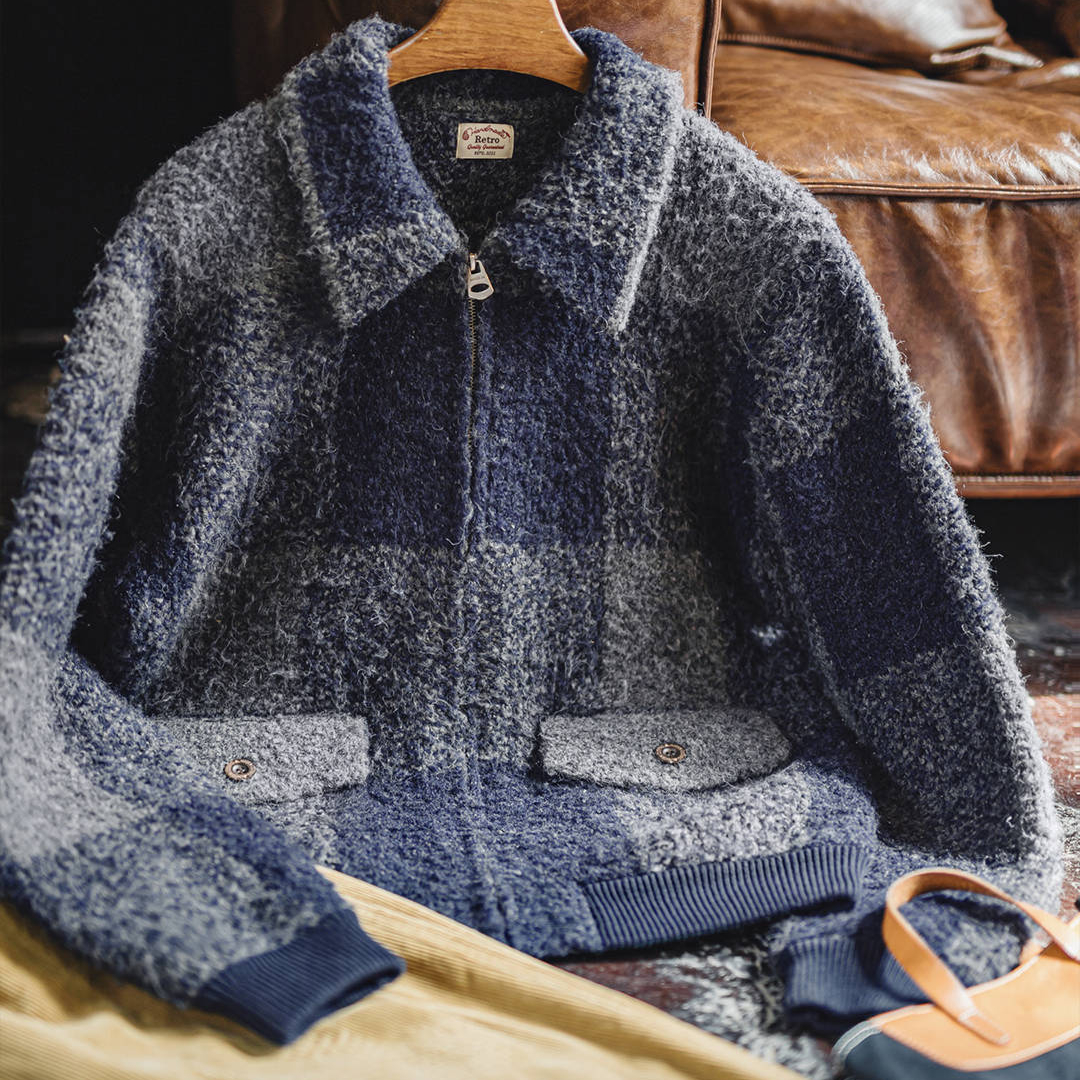 美式復古水牛格子毛織外套混紡翻領格紋開衫夾克男秋