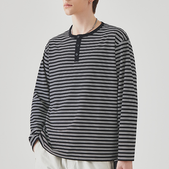 撞色條紋長袖男T恤春季新款潮牌寬鬆圓領內搭上衣打底衫