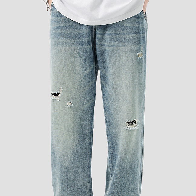 萊賽爾天絲破洞牛仔褲男春季新款垂感寬鬆直筒闊腿長褲子