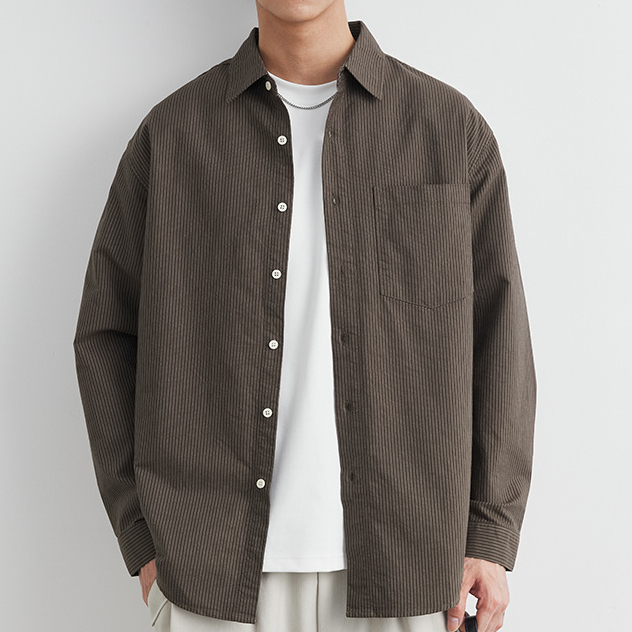 復古翻領純棉長袖襯衫男春秋季新款港風條紋休閒襯衣外套