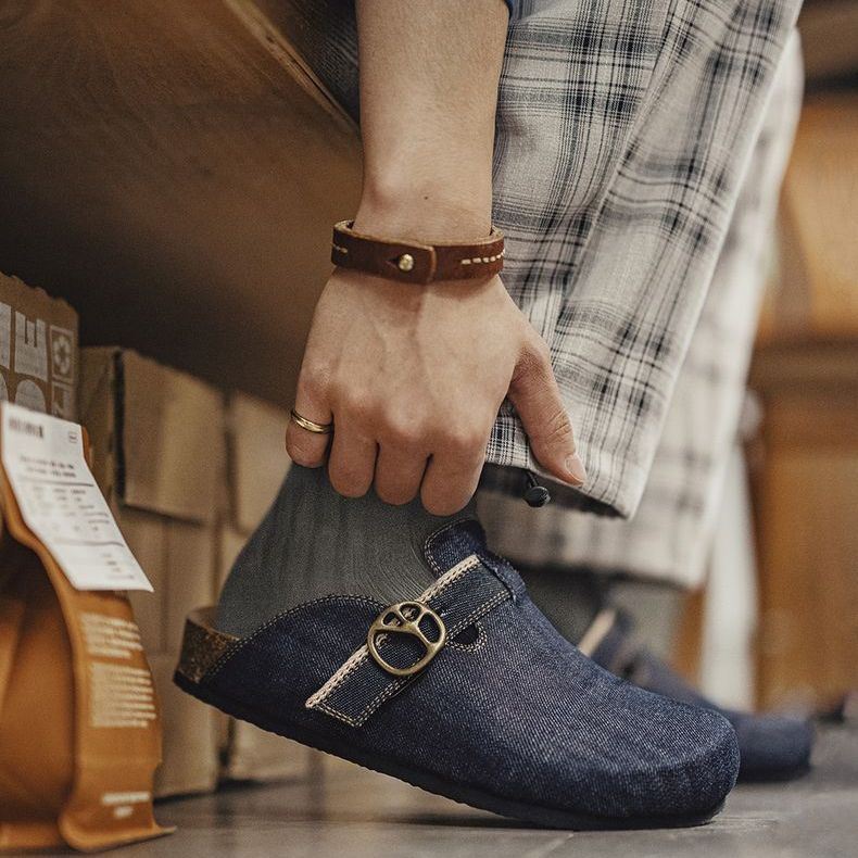 2025夏季新款穆勒鞋男休閒軟木半托透氣牛仔百搭外穿包頭拖鞋