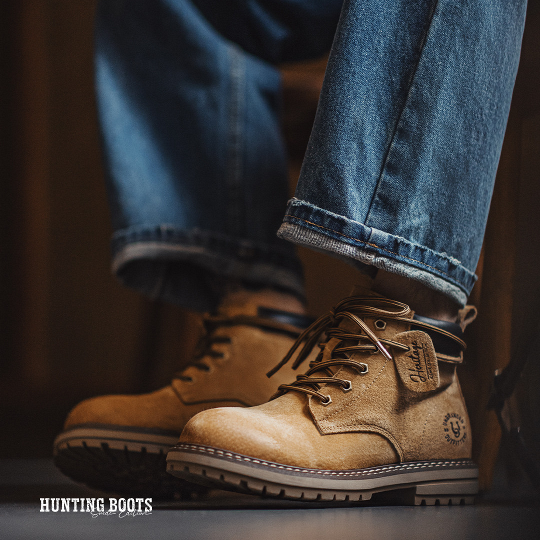 （加絨）獵裝大黃靴男士馬丁靴2025秋冬擦色做舊中幫工裝靴子