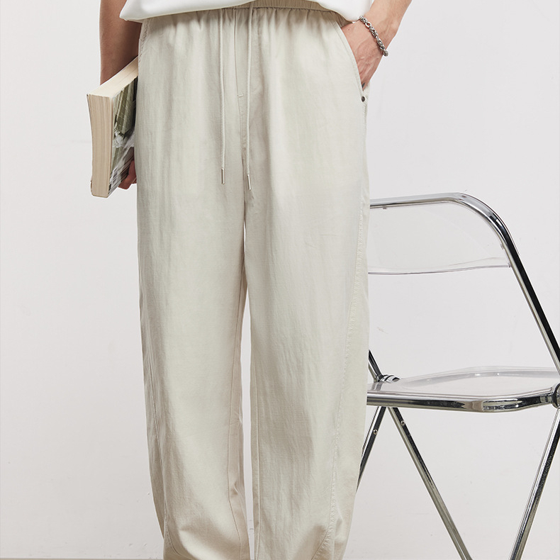 萊賽爾輕薄肌理休閒彎刀褲男夏季抽繩寬鬆透氣垂感通勤長褲