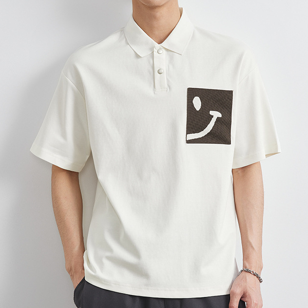 設計感拼色笑臉拼接短袖Polo衫男夏季寬鬆半袖翻領T恤上衣潮