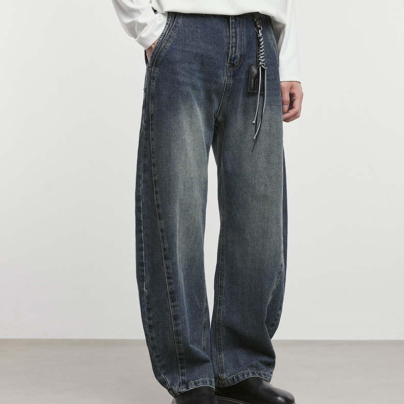 藍棱美式潮牌水洗做舊牛仔褲男秋季新款直筒寬鬆長褲子
