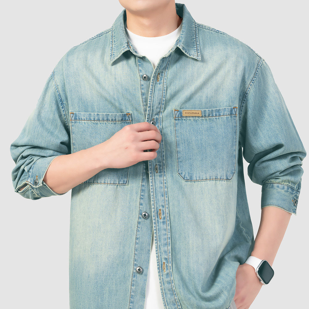 萊賽爾天絲竹節工裝牛仔襯衫男春季水洗寬松長袖襯衣