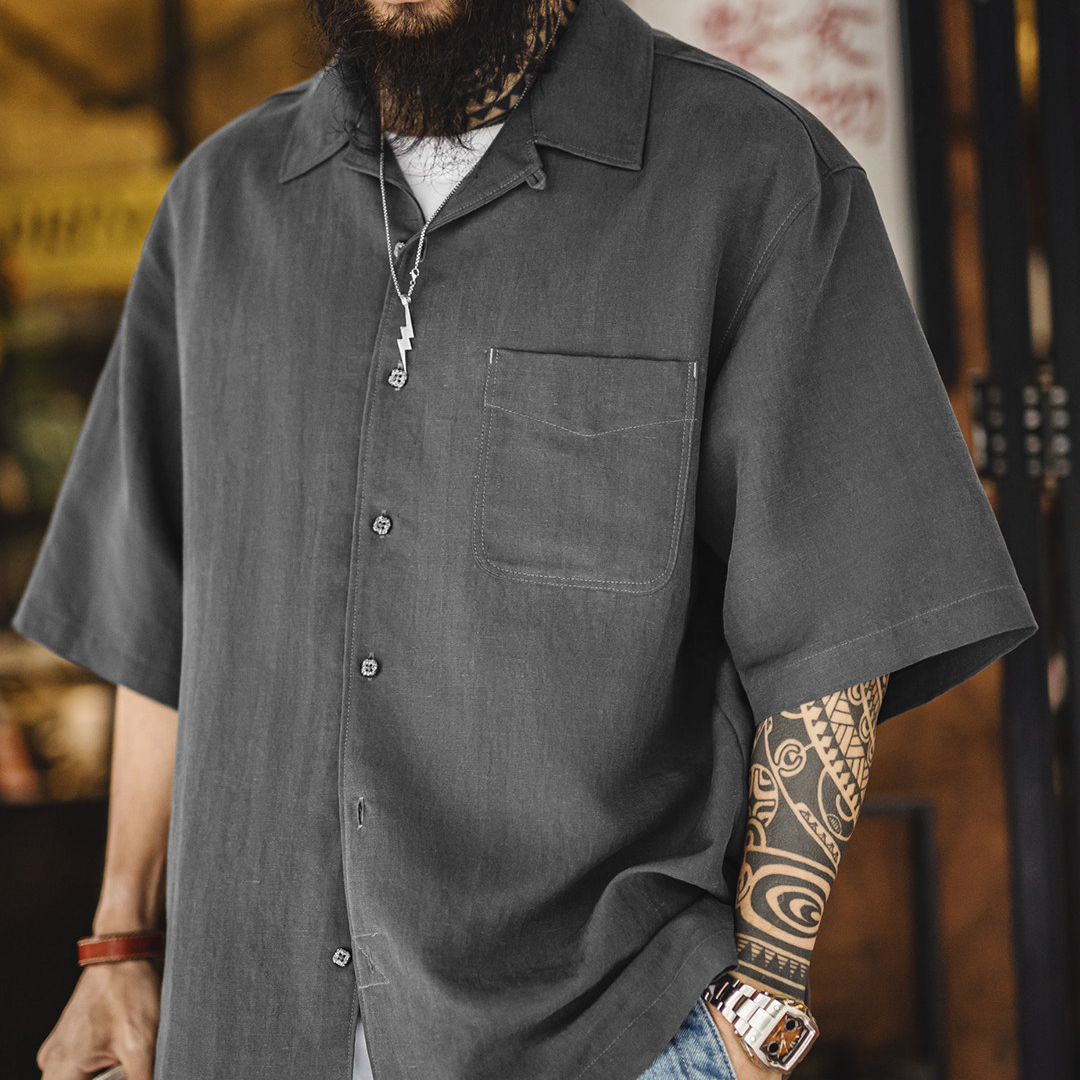 萊賽爾短袖襯衫天絲古巴領鬆弛感襯衣美式老錢風外套男夏