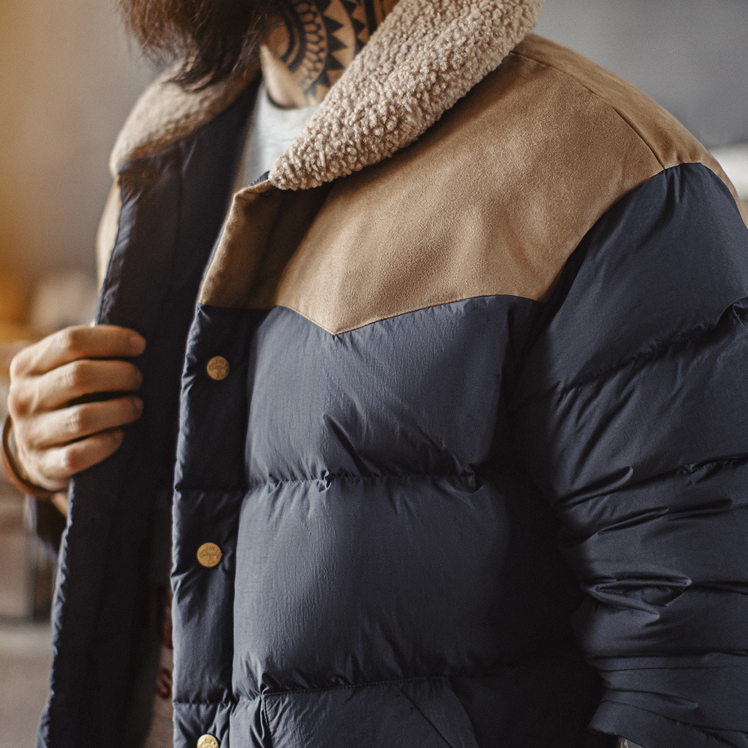 美式復古撞色絨領90白鴨絨羽絨服翻領保暖夾克外套男秋冬