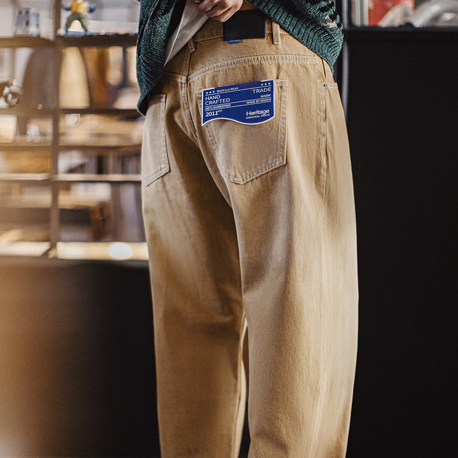 美式復古淺卡其色牛仔褲直筒水洗寬鬆闊腿休閒長褲子男春