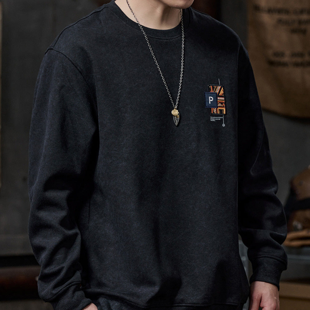 美式復古紮染圓領衛衣男士名民族風刺繡上衣秋冬季寬松加絨外套男