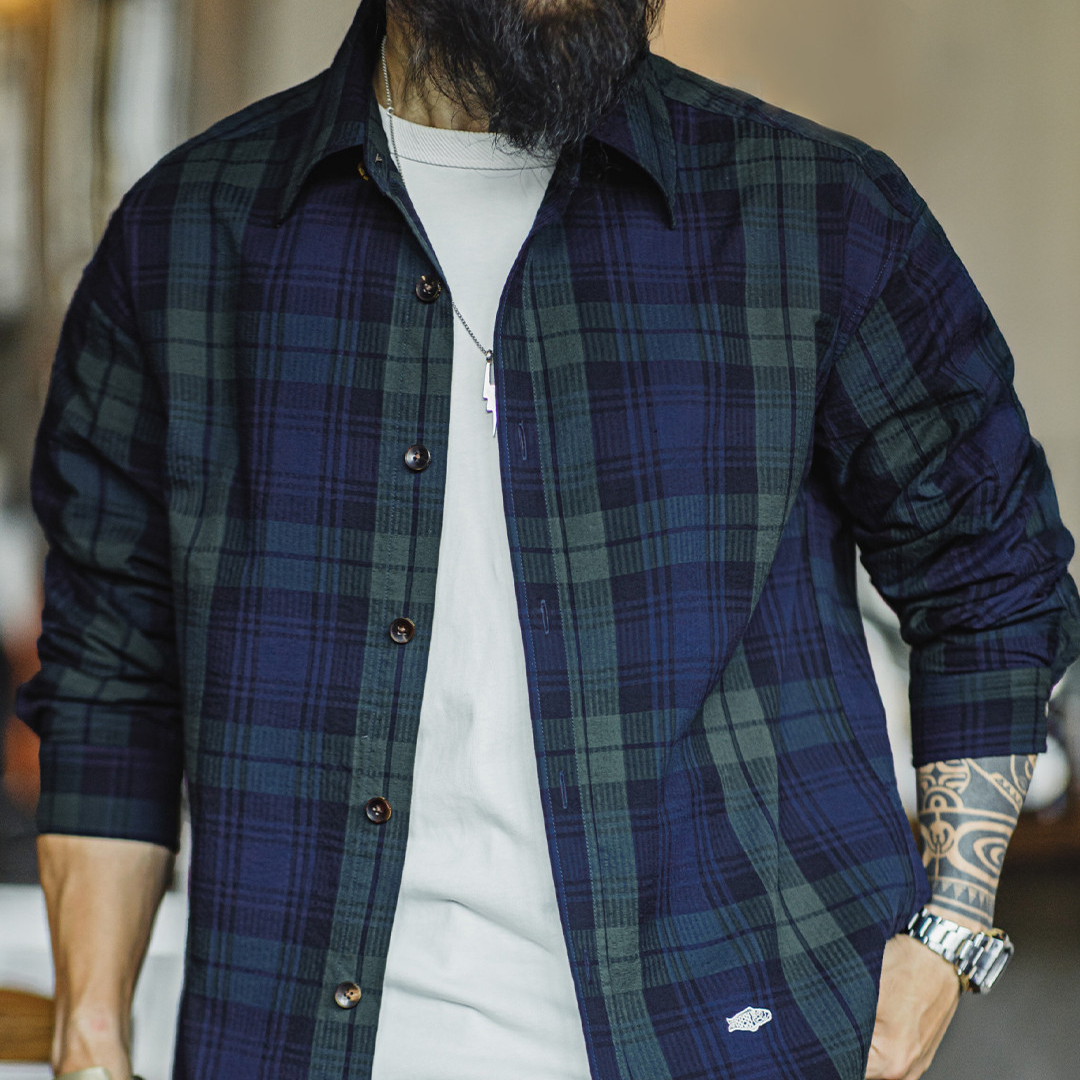 美式復古藍綠色格子襯衫外套純棉肌理感長袖薄款襯衣男秋