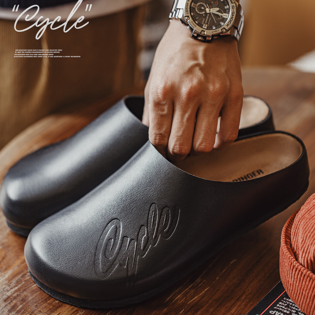 夏季新款男士穆勒鞋極簡包頭半拖老錢風一腳蹬休閒軟木底拖鞋