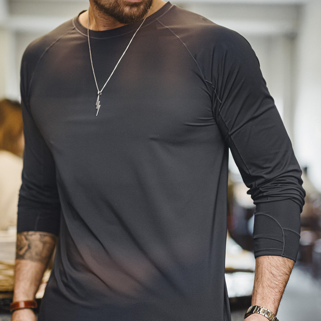 美式插肩袖速幹運動T恤防曬純色長袖涼感抗菌打底衫男春