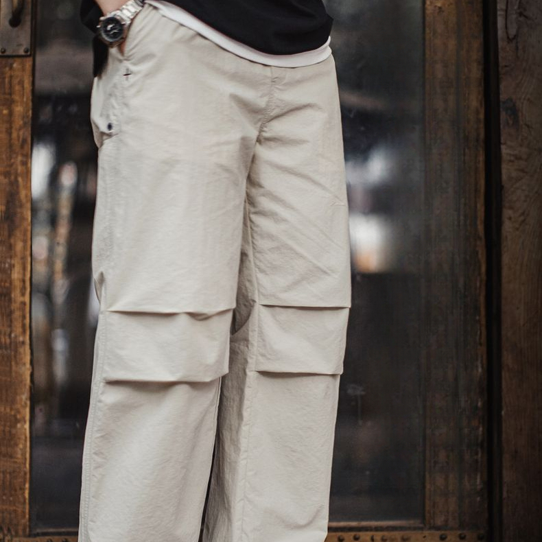 美式復古3D褶皺傘兵褲尼龍肌理感休閒褲vibe直筒長褲男春