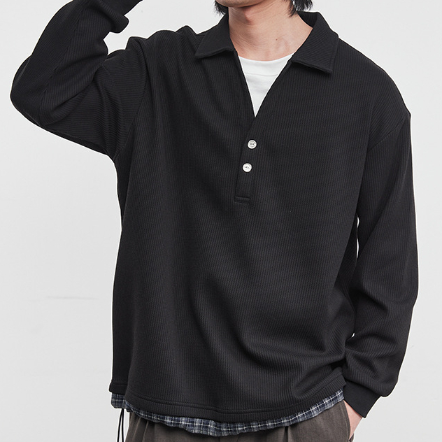 華夫格肌理翻領假兩件POLO衫衛衣男春季2026新款長袖T恤上衣