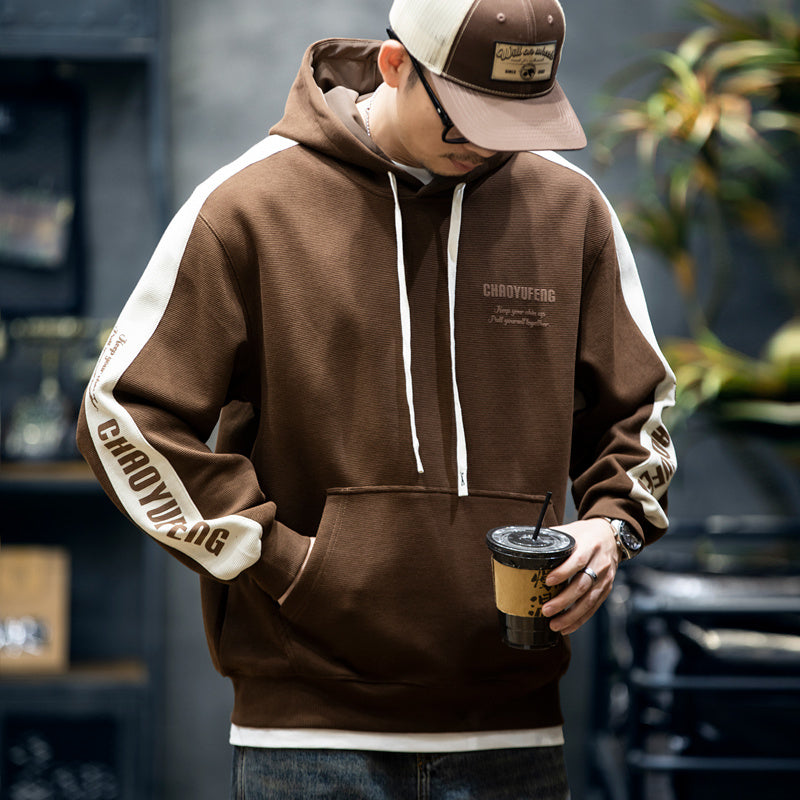 360g美式撞色長袖衛衣男秋季寬松潮牌大碼連帽上衣男休閑外套