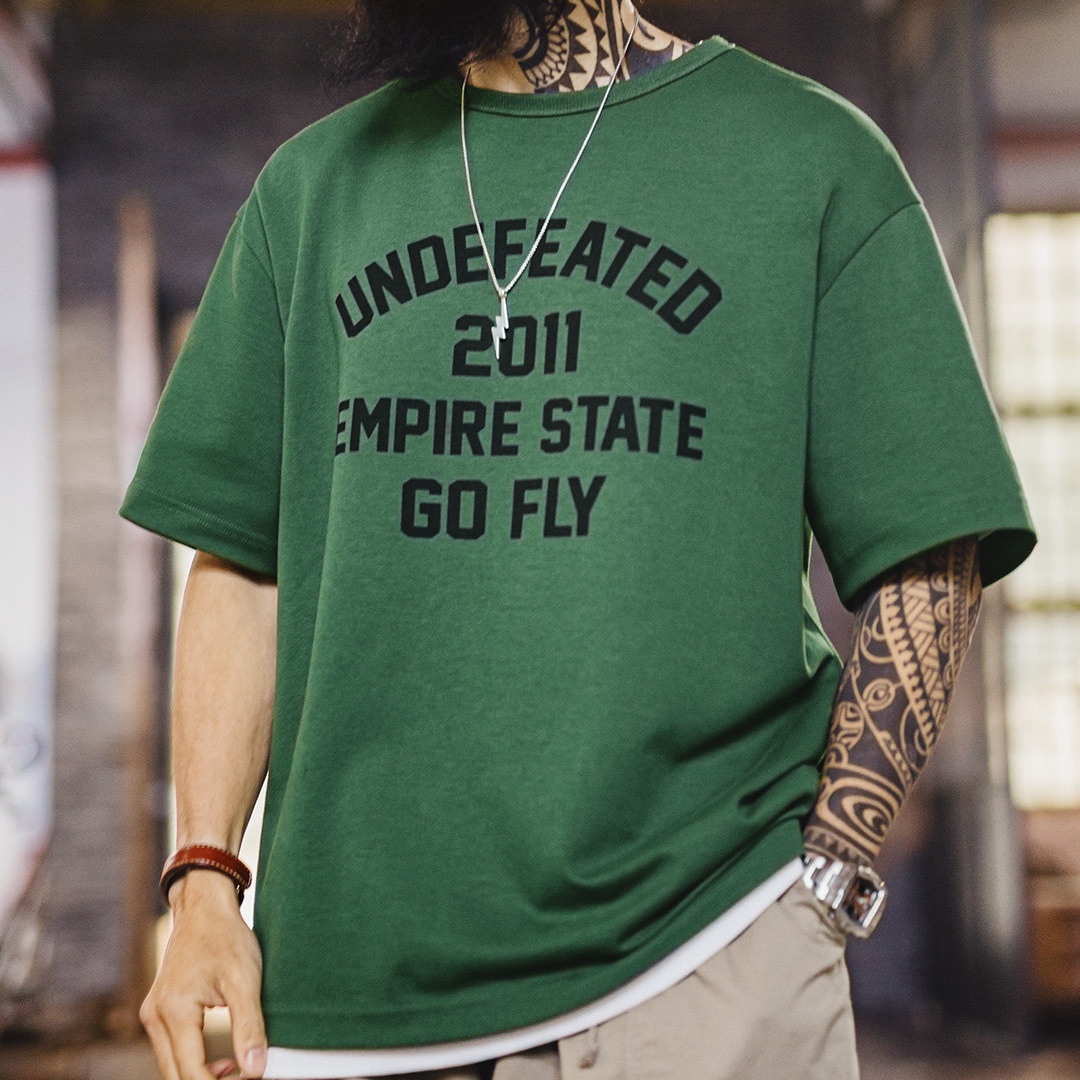 美式章仔印花T恤綠色小衆圓領正肩設計感短袖上衣男款夏