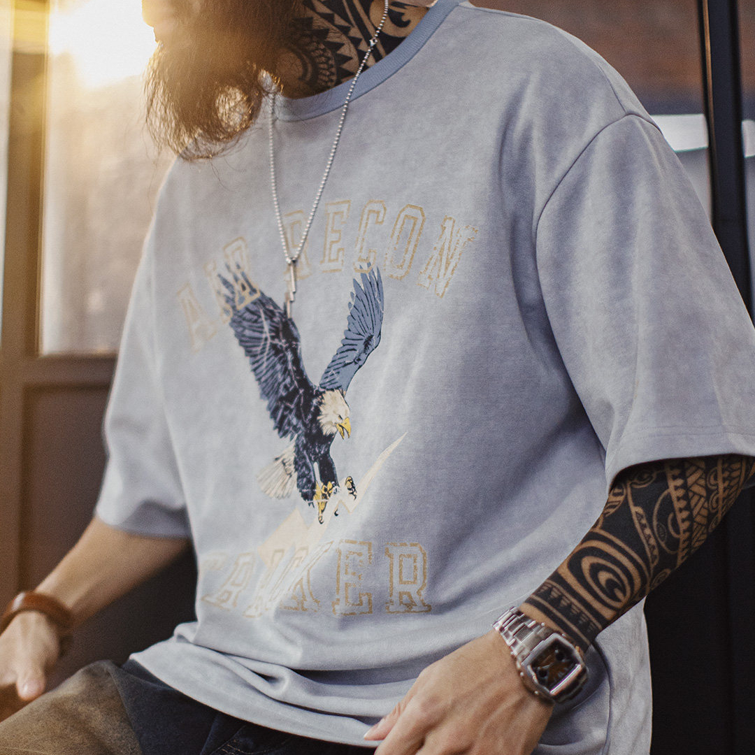 美式復古印花做舊仿蠟染圓領藍色落肩針織短袖T恤男士夏