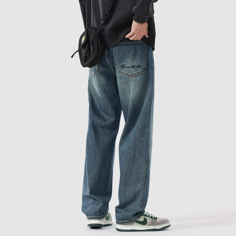 石磨洗 春秋美式牛仔褲男寬松休閑百搭直筒長褲子