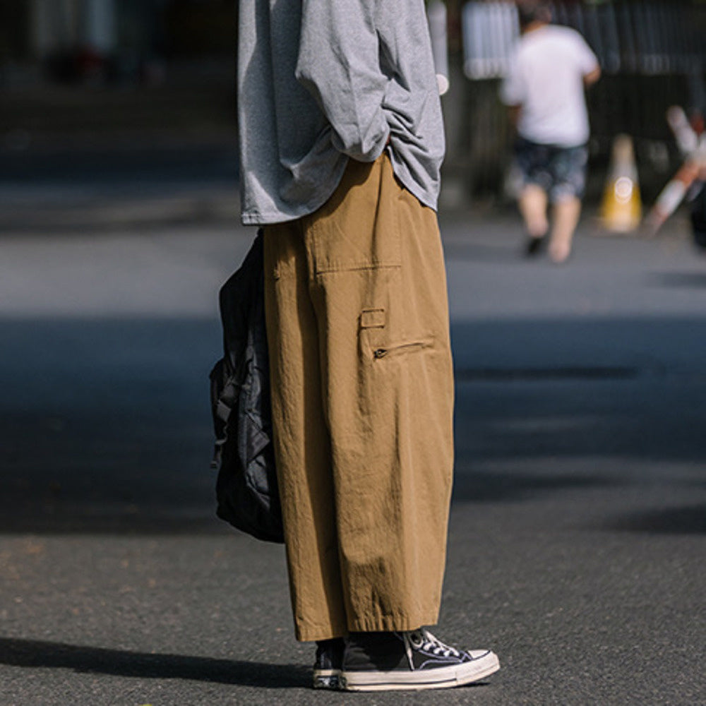 秋季復古純色口袋直筒工裝長褲男潮牌寬松休閑闊腿褲