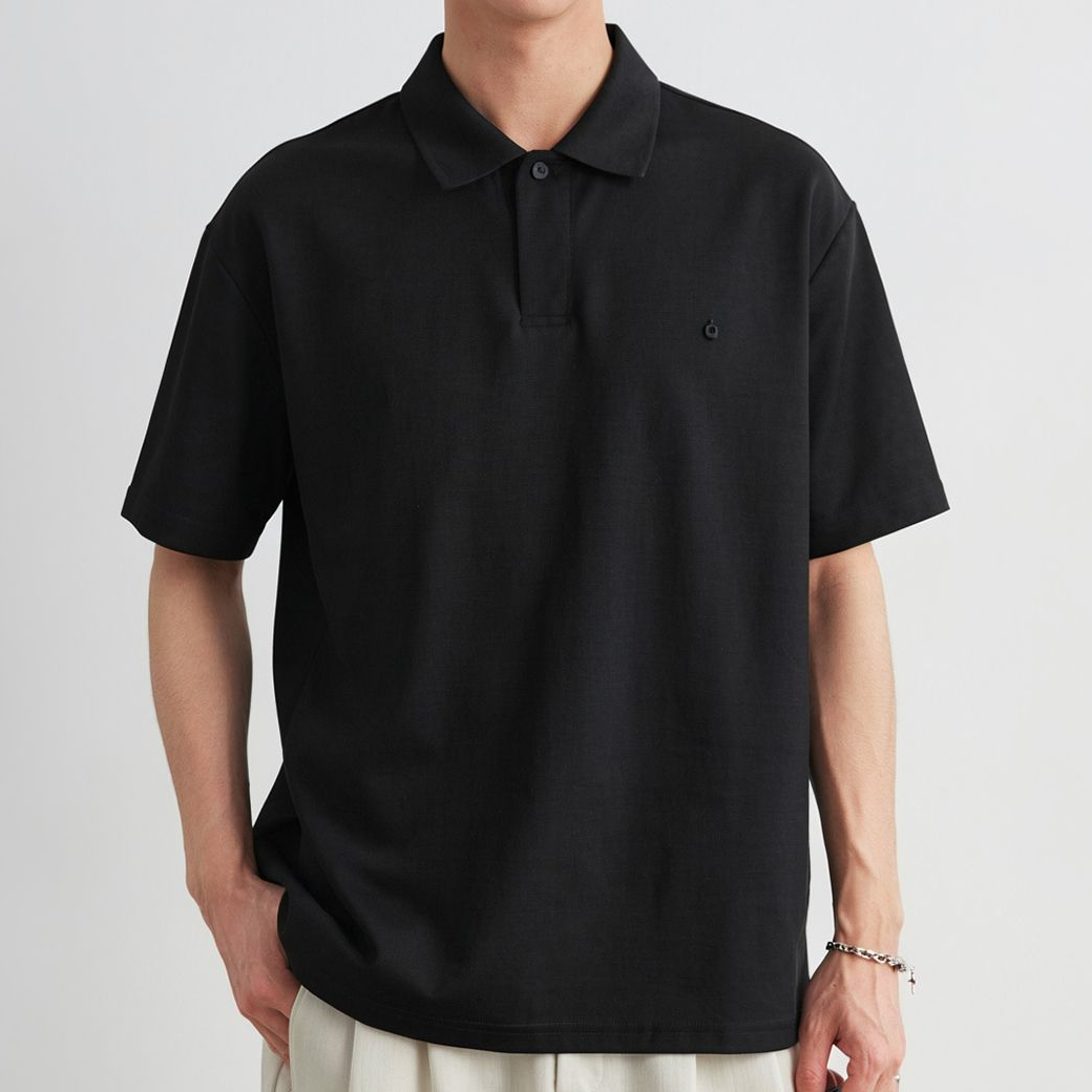 日系刺繡小標翻領紐扣Polo衫男夏季純色寬鬆通勤百搭短袖T恤