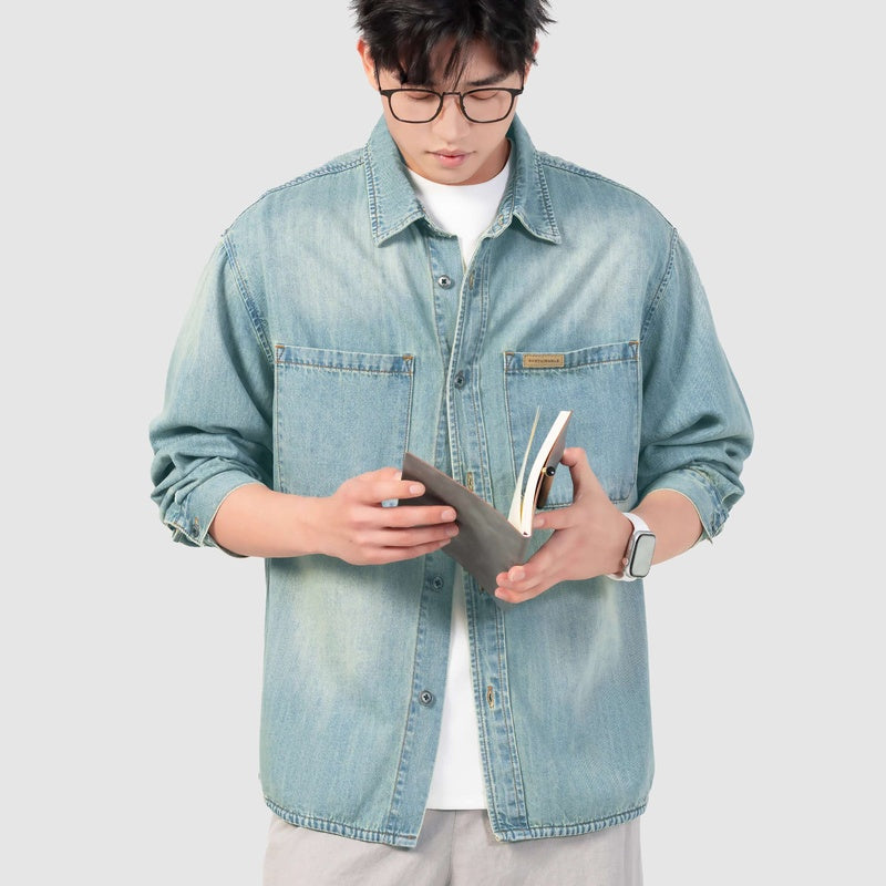 萊賽爾天絲竹節工裝牛仔襯衫男春季水洗寬松長袖襯衣