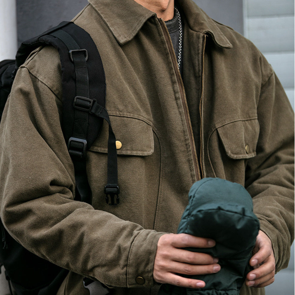 美式重工水洗底特律工装翻领棉衣男潮牌皮质贴标加厚棉服