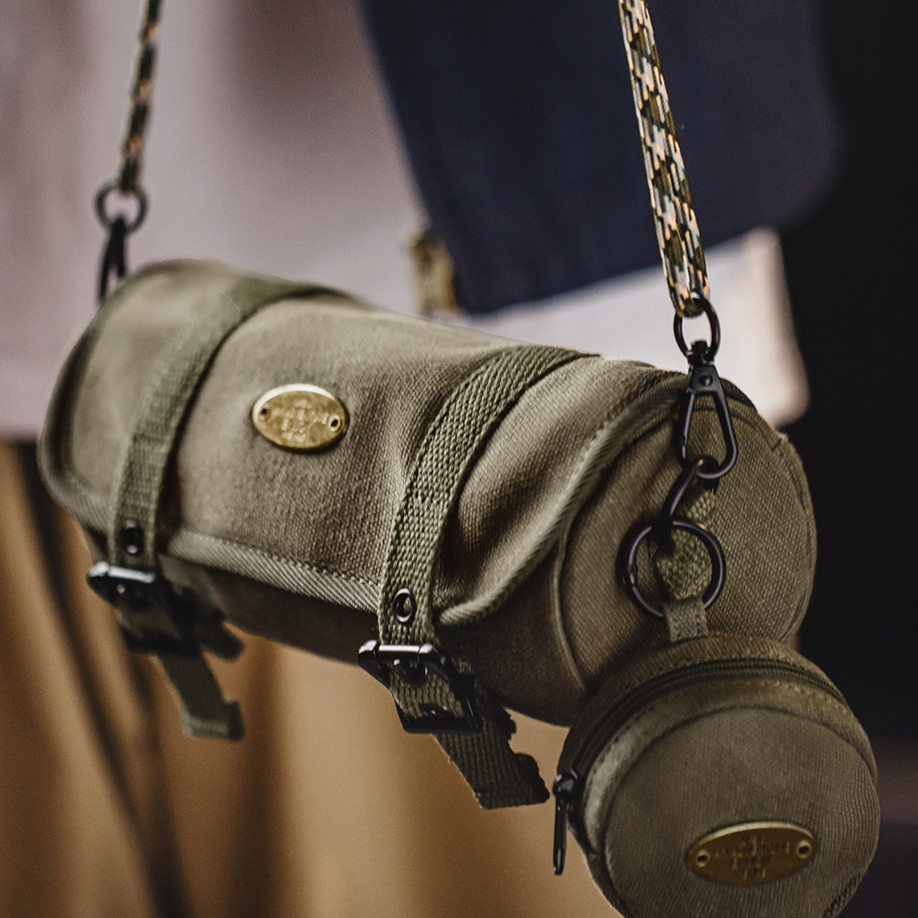 美式復古帆布圓筒包隨身包通勤小包斜跨包包子母零錢包男