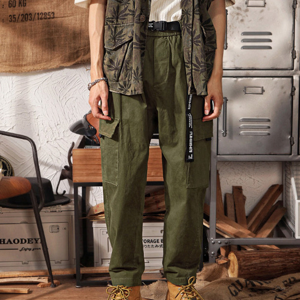 直筒機能工裝褲男潮牌嘻哈寬松闊腿百搭大口袋休閑褲