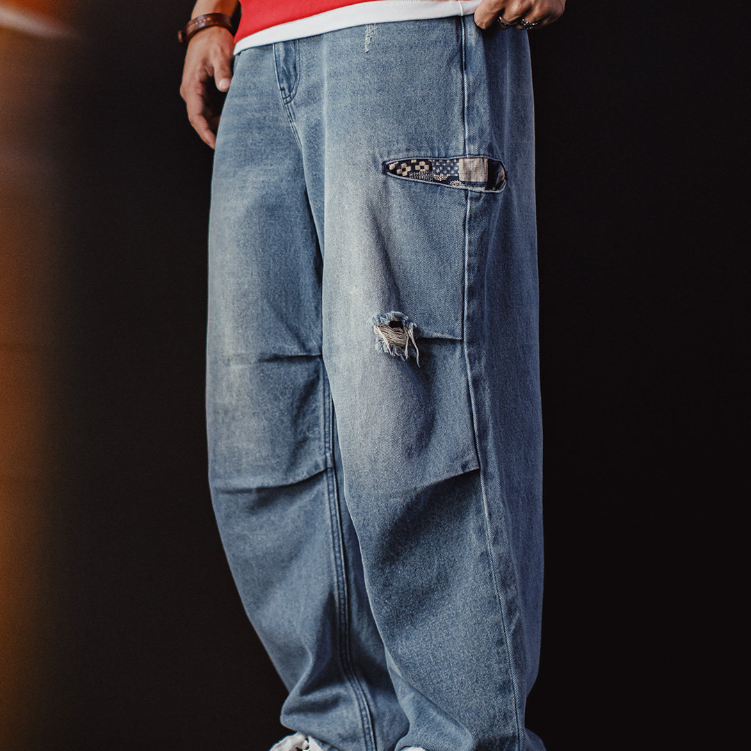 美式復古闊腿寬鬆傘兵牛仔褲古布水洗破洞薄款休閒褲男春